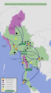 Trade route map for wild elephants trafficked in Thailand and Myanmar