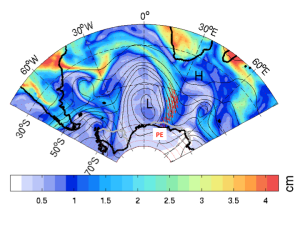 A meteorological image of an atmospheric river slamming into the East Antarctic coast on 15 February 2011. L indicates the atmospheric river’s low-pressure trough and H indicates the blocking high-pressure ridge further downstream, directing moisture transport (red arrows) into the Dronning Maud Land and the Princess Elisabeth base (white square). The colours show total moisture amounts (in centimetres equivalent of water). Figure courtesy: Irina Gorodetskaya.